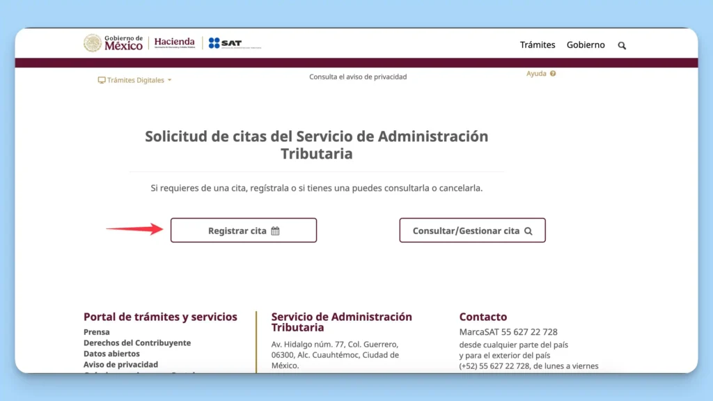 Entra al portal y elige "Registrar cita"