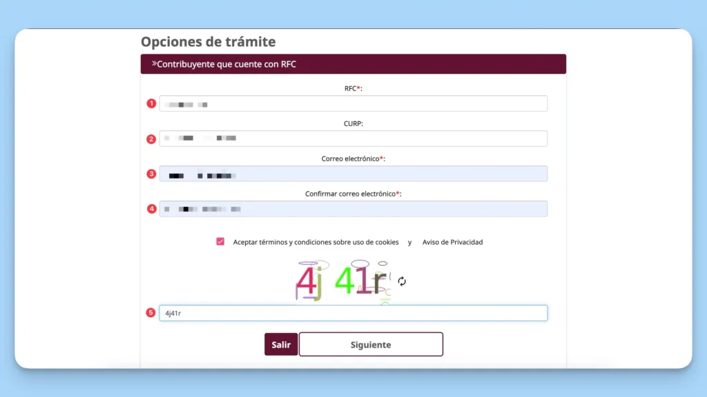 Captura tus datos (RFC, CURP y correo)