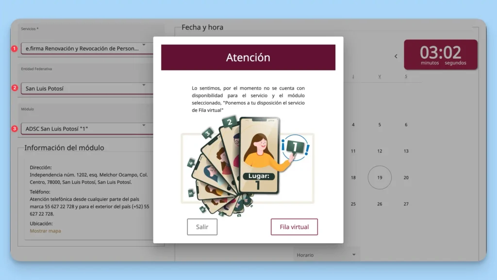 Elige servicio, entidad federativa y módulo